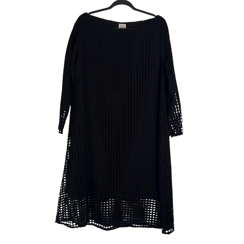 Megan Huntz Atlanta Black Windowpane 3/4 Sleeve Midi Dress‎ Medium M Sheer USA